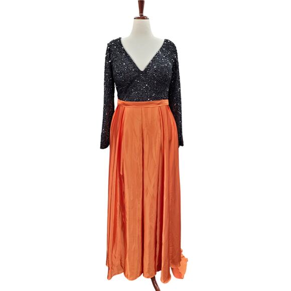 NWT Black Orange Long Sleeve Sequin Gown Size 20 - Picture 1 of 13